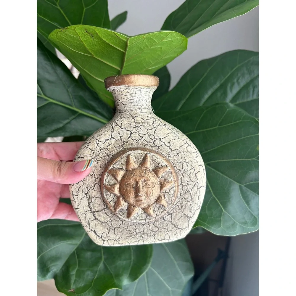 Vintage Decorative Celestial Vase Small Cream Gold Sun Face Crackle Glaze